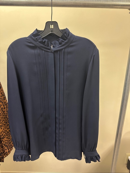 Lafayette 148 New York Tops - Lafayette 148 New York Navy Pintuck Ruffled Collar Blouse